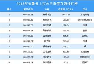 2018年安徽省上市公司市值百强排行榜