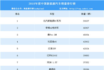 2018年度中国新能源汽车销量排行榜