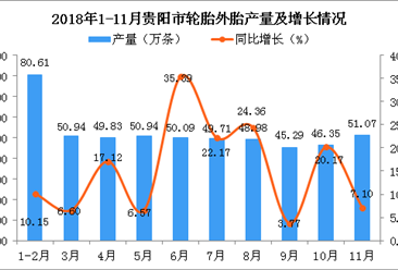 2018年1-11月貴陽市輪胎外胎產量同比增長16.38%