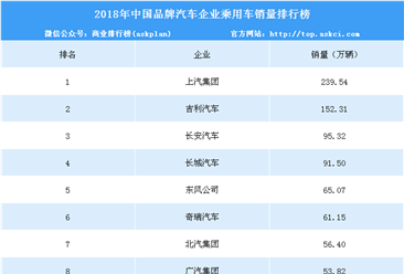 2018年中国品牌汽车企业乘用车销量排行榜