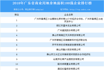 商业地产情报：2018年广东省商业用地拿地面积100强企业排行榜