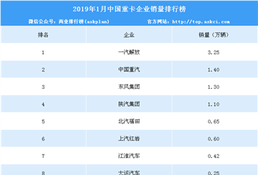 2019年1月中國重卡企業銷量排行榜（TOP10）