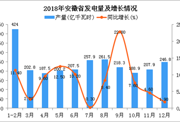 2018年安徽省发电量为2603.3亿千瓦时 同比增长9.2%