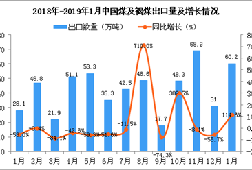 2019年1月中國煤及褐煤出口量及金額增長情況分析