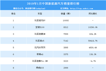 2019年1月中国新能源汽车销量排行榜