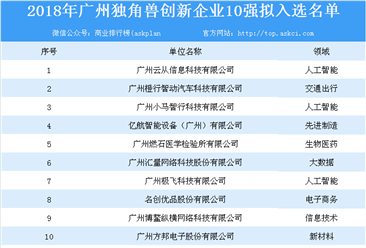 2018年广州独角兽创新企业10强拟入选名单
