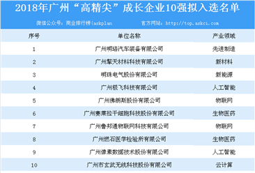 2018年广州“高精尖”成长企业10强拟入选名单一览（附详细名单）