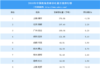 2018年中国机场货物吞吐量排行榜（TOP100）
