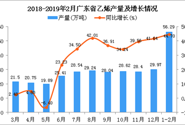 2019年1-2月廣東省乙烯產量同比增長44.7%