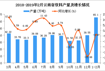 2019年1-2月云南省饮料产量为65.1万吨 同比下降3.67%