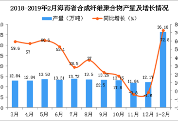2019年1-2月海南省合成纖維聚合物產量同比增長72.8%