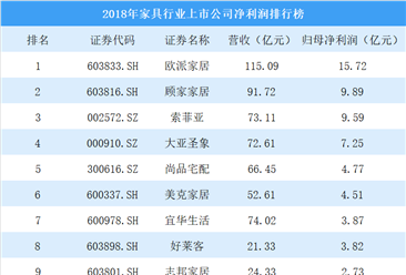 2018年家具行业上市公司净利润排行榜