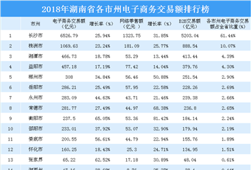 2018年湖南省各市州电子商务交易额排行榜