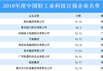 2018年度中国轻工业科技百强企业排行榜