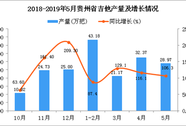 2019年1-5月贵州省吉他产量为125.65万把 同比增长96.1%
