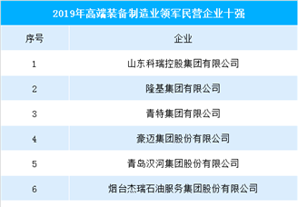 2019山东省高端装备制造业领军民营企业排行榜（TOP10）
