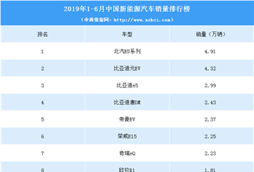 2019年1-6月中国新能源汽车销量排行榜