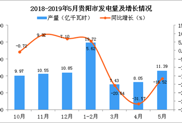 2019年1-5月贵阳市发电量为46.59亿千瓦时 同比下降12.9%