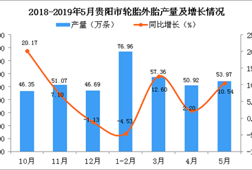 2019年1-5月貴陽市輪胎外胎產量為239.2萬條 同比增長3.91%