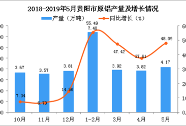 2019年1-5月贵阳市原铝产量为19.31万吨 同比增长48.42%