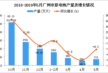 2019年1-5月广州市原电池产量为3698万只 同比下降53.9%