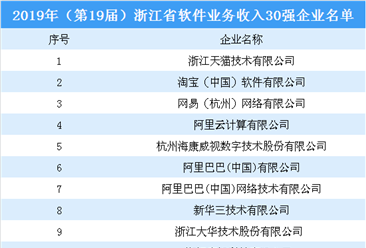2019年（第19届）浙江省软件业务收入30强企业名单：阿里巴巴等企业上榜