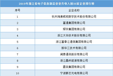 2019年浙江省电子信息制造业30强企业排行榜