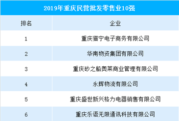 2019年重庆民营批发零售业10强企业排行榜