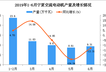 2019年上半年宁夏交流电动机产量为63.15万千瓦 同比下降6.94%