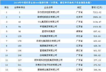 2019年中国民营企业500强排行榜（计算机、通信和其他电子设备制造业篇）
