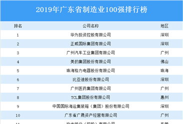 2019年广东省制造业100强排行榜