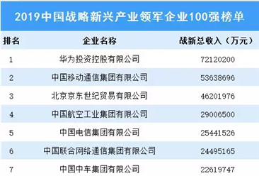 2019中國戰略新興產業領軍企業100強排行榜