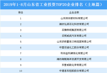 产业地产投资情报：2019年1-8月山东省工业投资TOP20企业排名（土地篇)