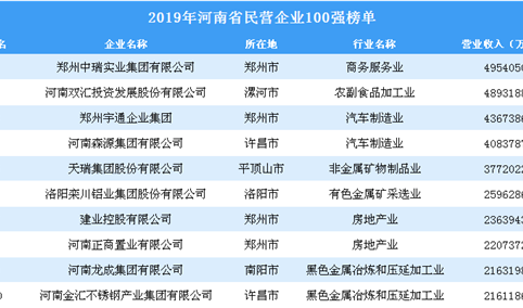 2019年河南省民营企业100强排行榜