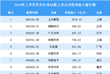 2019年上半年汽车行业AB股上市公司营业收入排行榜