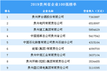 2019年贵州省企业100强排行榜