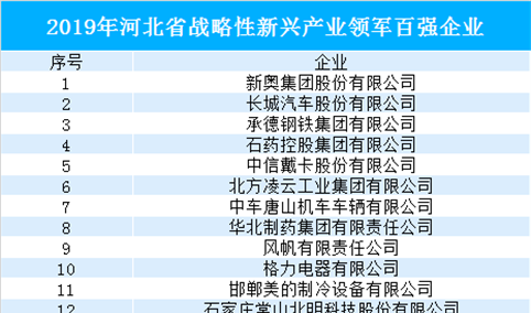 2019年河北省战略性新兴产业领军百强企业名单（附完整名单）
