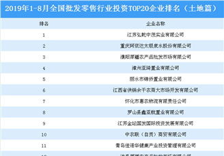 商业地产招商情报：2019年1-8月全国批发零售行业投资TOP20企业排名（土地篇）