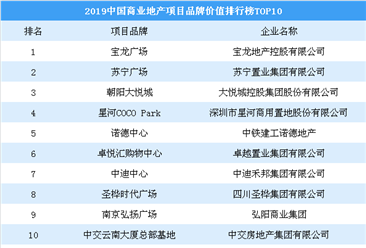 2019中国商业地产项目品牌价值排行榜TOP10：朝阳大悦城第三（图）