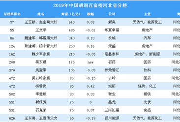 2019年胡润百富榜上榜企业家排行榜（河北省分榜）