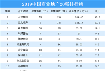2019中国商业地产20强排行榜：除了万达集团还有哪些企业上榜？（图）