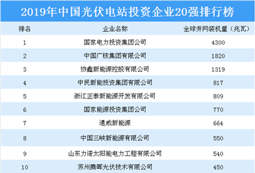 2019年中国光伏电站投资企业20强排行榜
