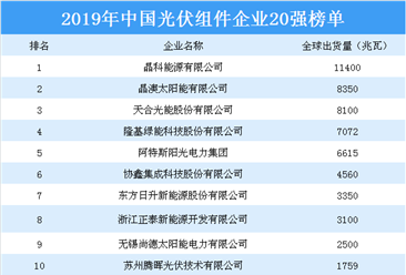 2019年中国光伏组件企业20强排行榜