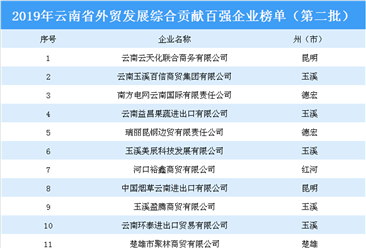 2019年云南省外贸发展综合贡献百强企业（第二批）排行榜