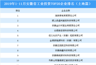 产业地产投资情报:2019年1-11月安徽省工业投资TOP20企业排名(土地篇)