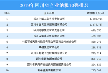 2019年四川省企业纳税10强排行榜