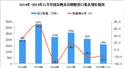 2019年1-11月中國谷物及谷物粉進口量及金額增長情況分析