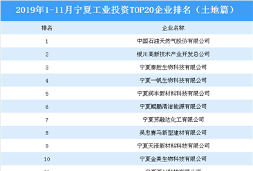 產業地產投資情報:2019年1-11月寧夏工業投資TOP20企業排名(土地篇)