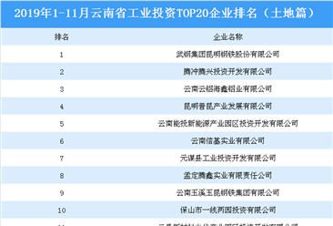 產業地產投資情報:2019年1-11月云南省工業投資TOP20企業排名(土地篇)