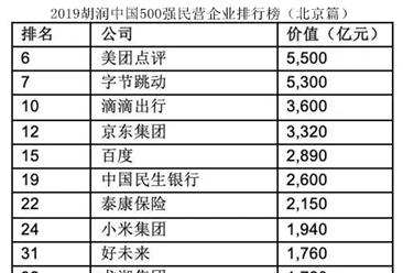 2019胡润中国500强民营企业排行榜（北京篇）